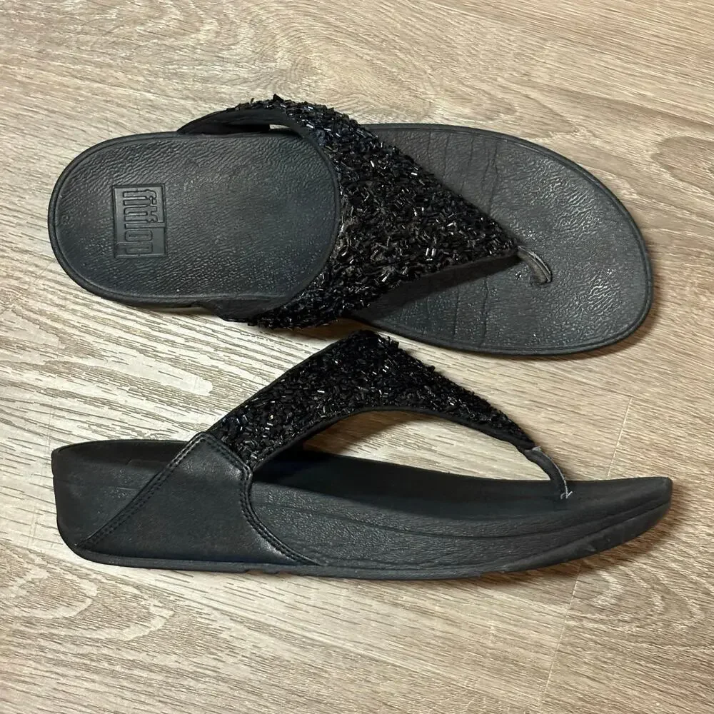 FitFlop Lulu CJ2-090 Black Shimmer Beaded Thong Sandals Size 9 EU 41​